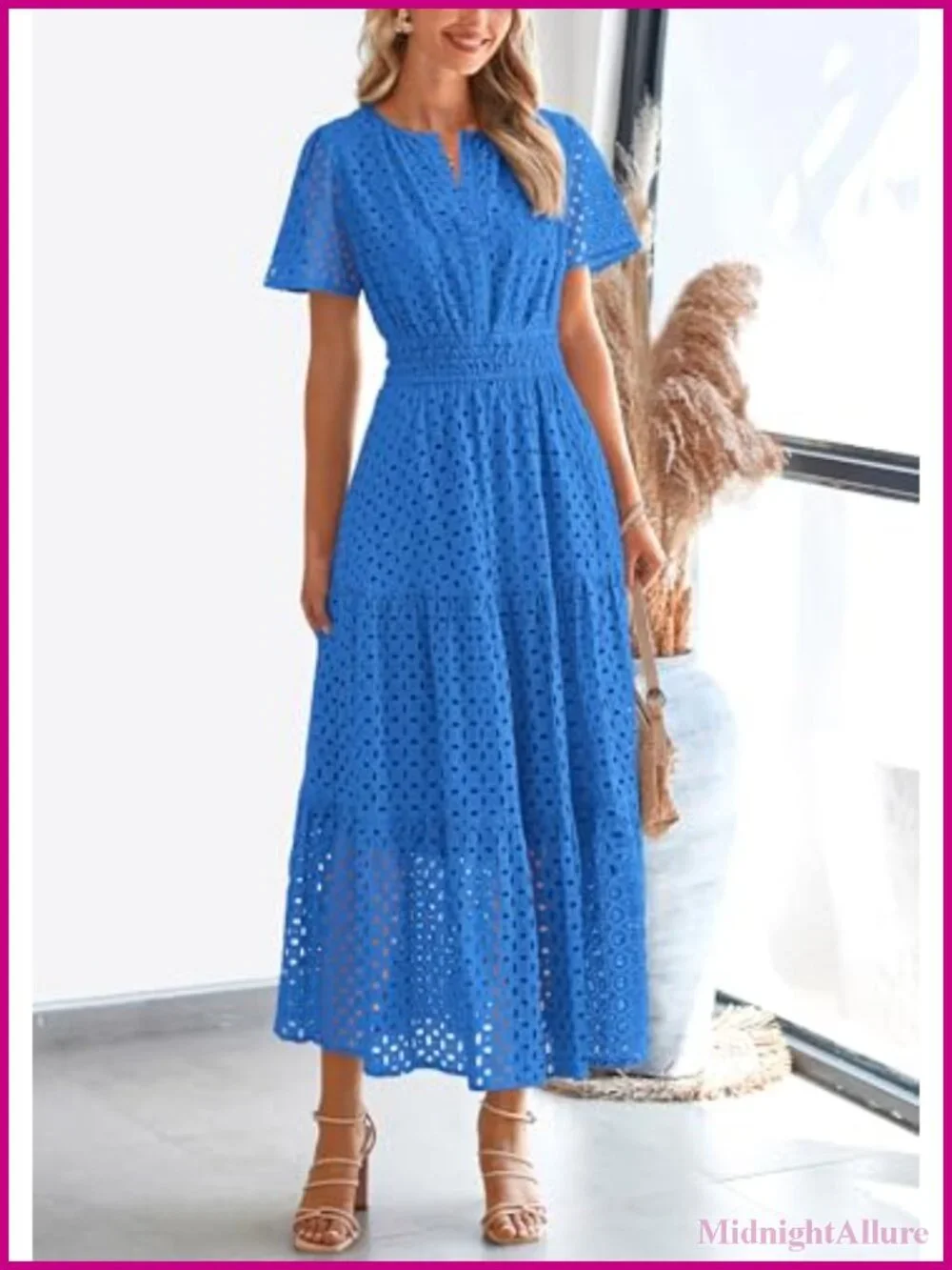 Women's Eyelet Maxi Dress Boho Smocked Waist Short Sleeve V Neck A-Line Flow